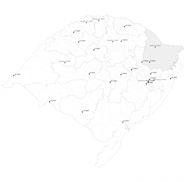 Mapa do Rio Grande do Sul em branco com a região atendida pela 4ª Crop em cinza.