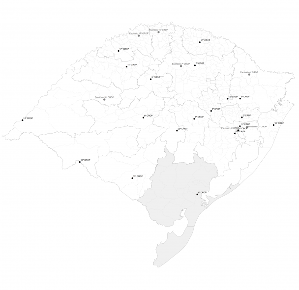 Mapa do Rio Grande do Sul em branco com a região da 5ª Crop destacada em cinza.