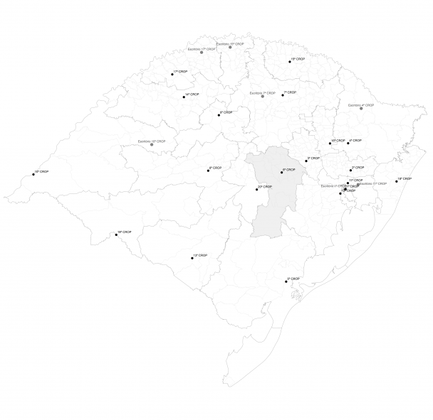 Mapa do Rio Grande do Sul em branco com a região da 6ª Crop destacada em cinza.