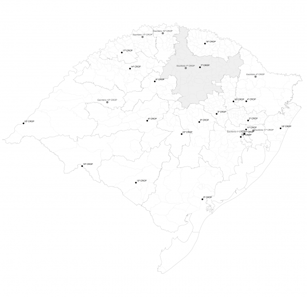 Mapa do Rio Grande do Sul em branco com a região da 7ª Crop destacada em cinza.