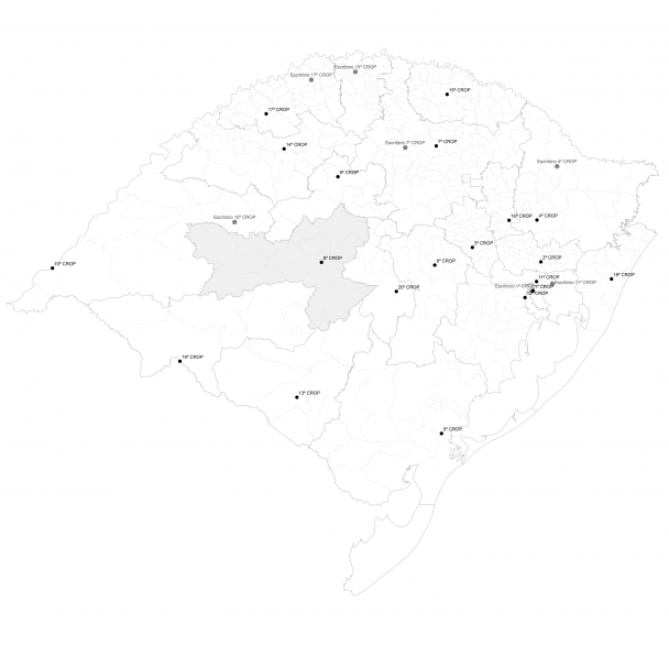 Mapa do Rio Grande do Sul em branco com a região da 8ª Crop destacada em cinza.