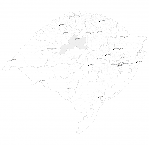 Mapa do Rio Grande do Sul em branco com a região da 9ª Crop destacada em cinza.