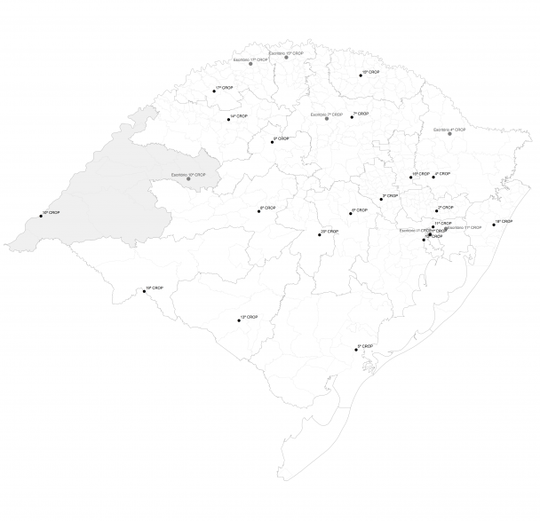 Mapa do Rio Grande do Sul em branco com a região da 10ª Crop destacada em cinza.