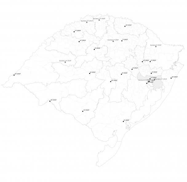 Mapa do Rio Grande do Sul em branco com a região da 11ª Crop destacada em cinza.