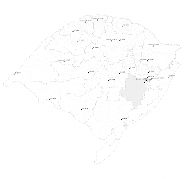 Mapa do Rio Grande do Sul em branco com a região da 12ª Crop destacada em cinza.