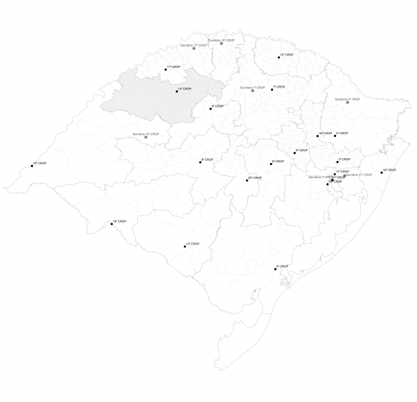 Mapa do Rio Grande do Sul em branco com a região da 14ª Crop destacada em cinza.