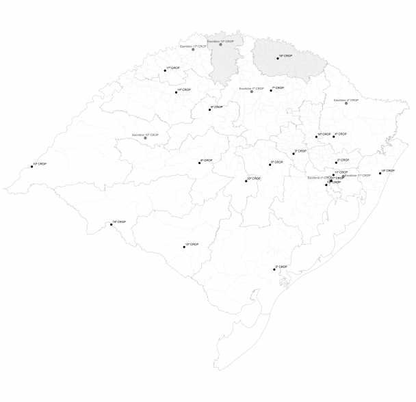 Mapa do Rio Grande do Sul em branco com a região da 15ª Crop destacada em cinza.