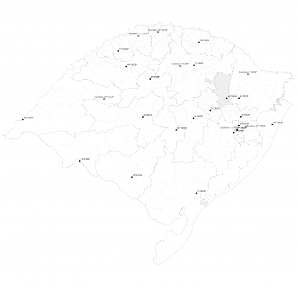 Mapa do Rio Grande do Sul em branco com a região da 16ª Crop destacada em cinza.