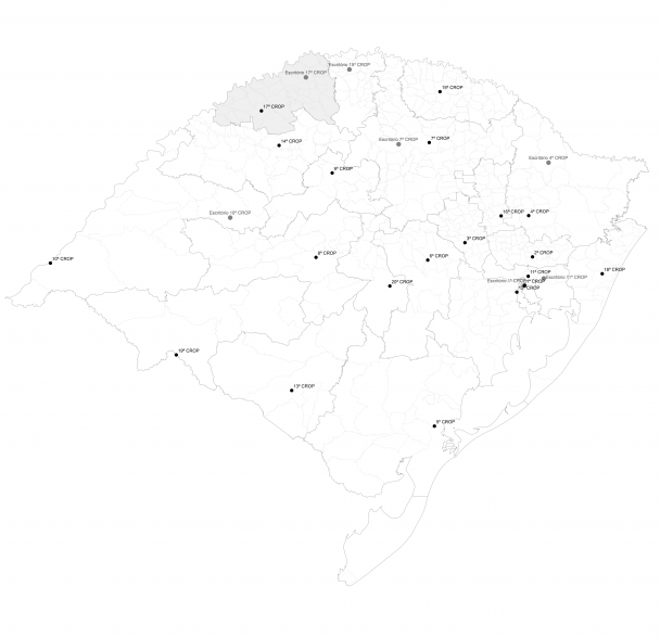 Mapa do Rio Grande do Sul em branco com a região da 17ª Crop destacada em cinza.