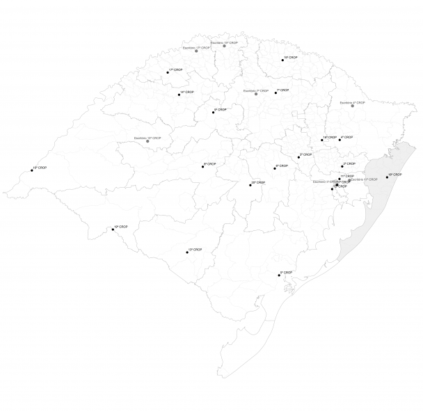 Mapa do Rio Grande do Sul em branco com a região da 18ª Crop destacada em cinza.