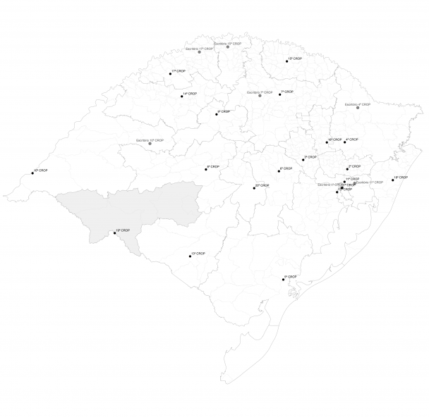 Mapa do Rio Grande do Sul em branco com a região da 19ª Crop destacada em cinza.