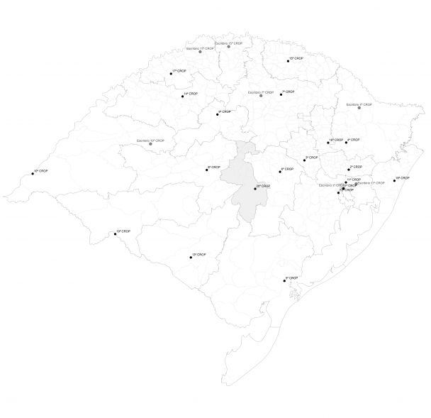 Mapa do Rio Grande do Sul com a região da 20ª Crop destacada em cinza.