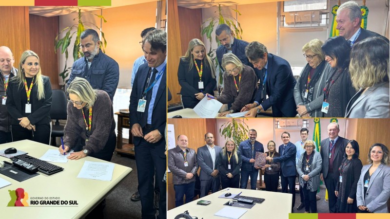 Colagem de três fotos de um grupo de pessoas assinando um contrato.