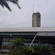 Foto do prédio de um piso da escola, com um coqueiro à frente e uma torre de cimento ao fundo. O céu está nublado.