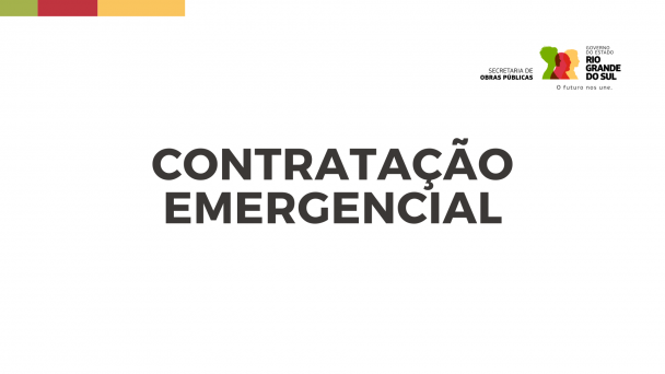 Card branco com os dizeres Contratação Emergencial ao centro, logo da Secretaria de Obras Públicas à direita, no alto, e, à esquerda, no alto, fios com cores verde, vermelho e amarelo.