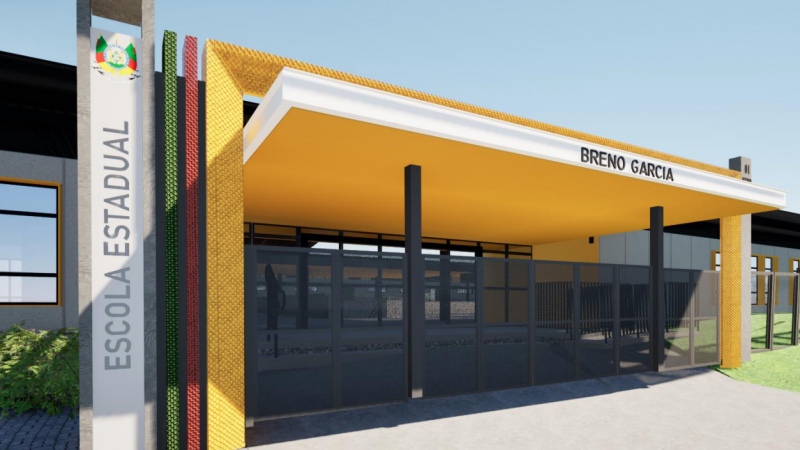 Foto renderizada da fachada de uma escola. Há um totem onde se lê Escola Estadual e um pórtico onde se lê Breno Garcia.