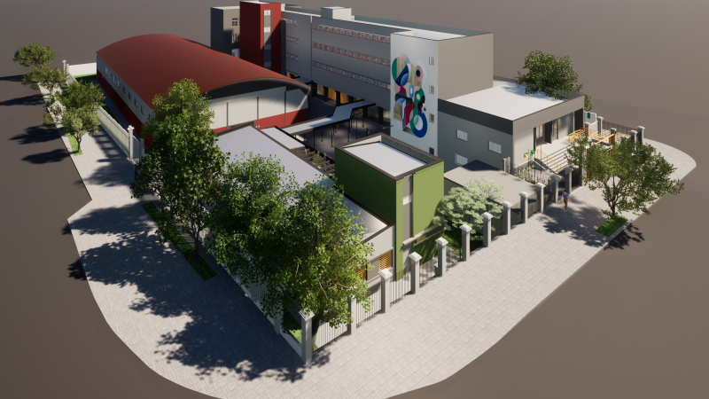 Imagem gerada por computador mostra o projeto de uma escola.