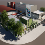 Imagem gerada por computador mostra o projeto de uma escola.