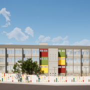 Imagem gerada por computador mostra prédio de escola com quatro pisos.