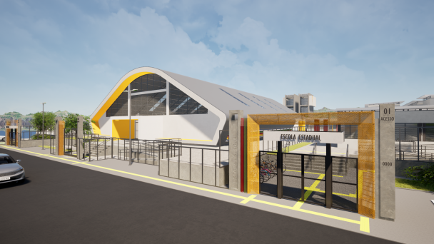 Imagem digital de uma proje&ccedil;&atilde;o arquitet&ocirc;nica do acesso principal de um complexo escolar. Em primeiro plano, h&aacute; um port&atilde;o de entrada cercado por estruturas met&aacute;licas e pilares de concreto, com a inscri&ccedil;&atilde;o &ldquo;Escola Estadual&rdquo;. &Agrave; direita, um pilar identifica o local como &ldquo;01 Acesso&rdquo;. O projeto inclui gradis, &aacute;reas de circula&ccedil;&atilde;o de pedestres, biciclet&aacute;rio e rampas de acessibilidade com corrim&atilde;os. Ao fundo, destaca-se um gin&aacute;sio coberto com arquitetura moderna, caracterizado por uma grande cobertura curva branca com detalhes em amarelo e amplos pain&eacute;is de fechamento. O entorno conta com ilumina&ccedil;&atilde;o p&uacute;blica, &aacute;reas ajardinadas e vias de acesso. A composi&ccedil;&atilde;o evidencia a integra&ccedil;&atilde;o entre os acessos, os espa&ccedil;os de circula&ccedil;&atilde;o e o gin&aacute;sio dentro do futuro complexo escolar.