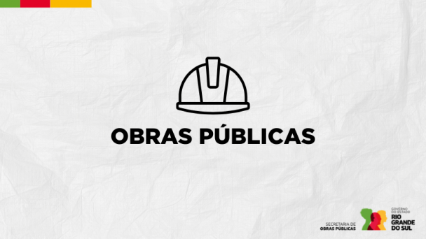 Imagem gr&aacute;fica de capa com fundo branco texturizado. No centro, h&aacute; um &iacute;cone de capacete de seguran&ccedil;a em tra&ccedil;os pretos, representando a &aacute;rea de obras p&uacute;blicas. Abaixo do &iacute;cone, aparece o texto &ldquo;OBRAS P&Uacute;BLICAS&rdquo; em letras mai&uacute;sculas e pretas. No canto superior esquerdo, h&aacute; uma faixa com as cores verde, vermelho e amarelo. No canto inferior direito, est&atilde;o os logotipos da Secretaria de Obras P&uacute;blicas e do Governo do Estado do Rio Grande do Sul. O design &eacute; simples e institucional, com foco no tema de infraestrutura e constru&ccedil;&atilde;o.