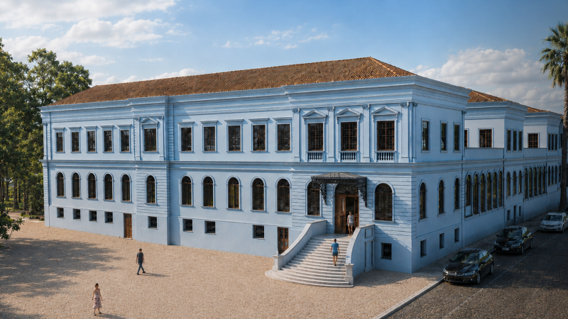 Proje&ccedil;&atilde;o arquitet&ocirc;nica de um pr&eacute;dio hist&oacute;rico de dois pavimentos, com fachada restaurada em tom azul-claro e telhado de telhas cer&acirc;micas avermelhadas. A constru&ccedil;&atilde;o ocupa quase toda a imagem e &eacute; vista em perspectiva a partir do canto frontal, destacando a volumetria do edif&iacute;cio. A fachada apresenta dezenas de janelas altas e sim&eacute;tricas, com molduras ornamentadas. No centro, uma escadaria curva leva &agrave; entrada principal, coberta por uma marquise met&aacute;lica decorativa.

&Agrave; frente do pr&eacute;dio h&aacute; uma ampla &aacute;rea pavimentada clara, onde aparecem algumas pessoas caminhando. Na lateral direita, uma rua estreita acompanha o edif&iacute;cio, com v&aacute;rios carros estacionados. &Aacute;rvores de grande porte cercam a constru&ccedil;&atilde;o, incluindo uma palmeira alta no canto direito da imagem. O c&eacute;u est&aacute; azul, com nuvens brancas espalhadas e ilumina&ccedil;&atilde;o diurna. 