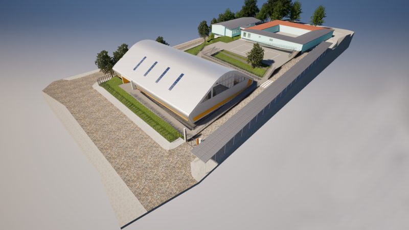 Imagem de uma proje&ccedil;&atilde;o arquitet&ocirc;nica em perspectiva a&eacute;rea de um complexo escolar. Em primeiro plano, destaca-se um gin&aacute;sio coberto com estrutura de grande porte e cobertura curva na cor branca, equipado com claraboias lineares no teto. O edif&iacute;cio &eacute; cercado por &aacute;reas gramadas, cal&ccedil;adas e grades de prote&ccedil;&atilde;o.

Ao fundo, h&aacute; um conjunto de pr&eacute;dios de um pavimento com paredes claras e telhados em tons de cinza e laranja, organizados ao redor de um p&aacute;tio central pavimentado. Entre as edifica&ccedil;&otilde;es, observa-se uma quadra esportiva externa demarcada no piso. O terreno possui acessos pavimentados, cercamento ao longo do per&iacute;metro e &aacute;rvores distribu&iacute;das nas &aacute;reas externas.

A imagem apresenta uma visualiza&ccedil;&atilde;o digital do projeto, utilizada para ilustrar a futura configura&ccedil;&atilde;o do espa&ccedil;o escolar ap&oacute;s as interven&ccedil;&otilde;es e constru&ccedil;&otilde;es previstas.